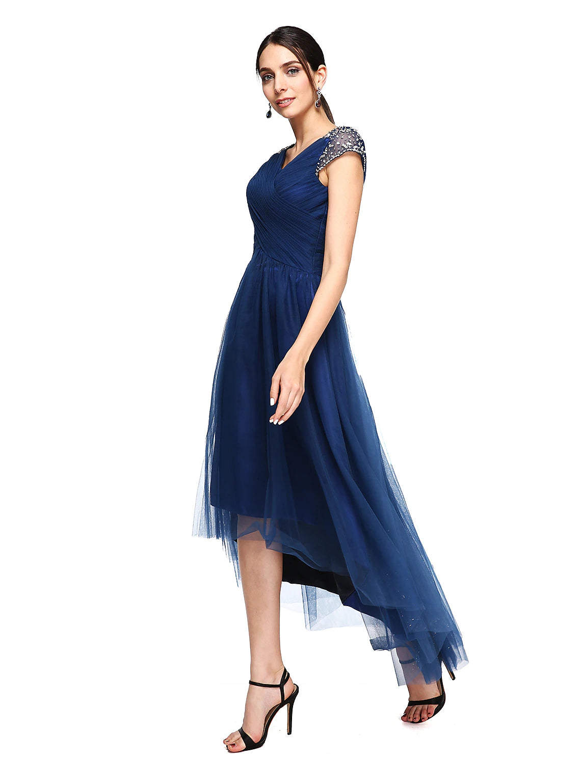 Wholesale  A-Line Special Occasion Dresses Open Back Dress Wedding Guest Prom Asymmetrical Short Sleeve V Neck Tulle with Criss Cross Beading